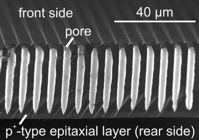 Macroporous Silicon Solar Cell Epitaxial Emitter SEM